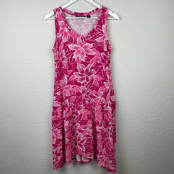 LANDS END Womens M Pink Tropical Floral Print Sleeveless Asymmetrical Hem Dress - Picture 2 of 5